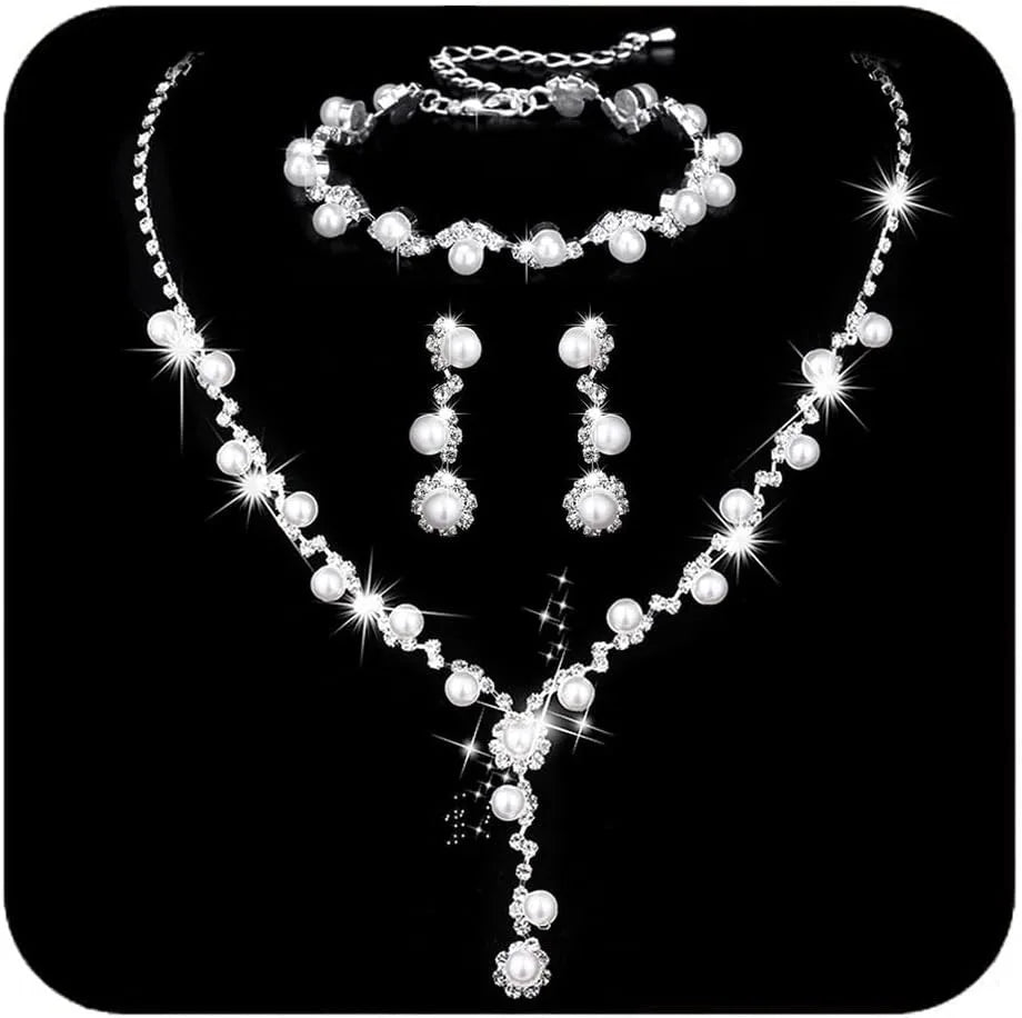 Silver Pearl Bridal Wedding Jewelry Set Rhinestone Necklace Earrings Bracelet Sets Formal Costume Jewelry for Women and Brides