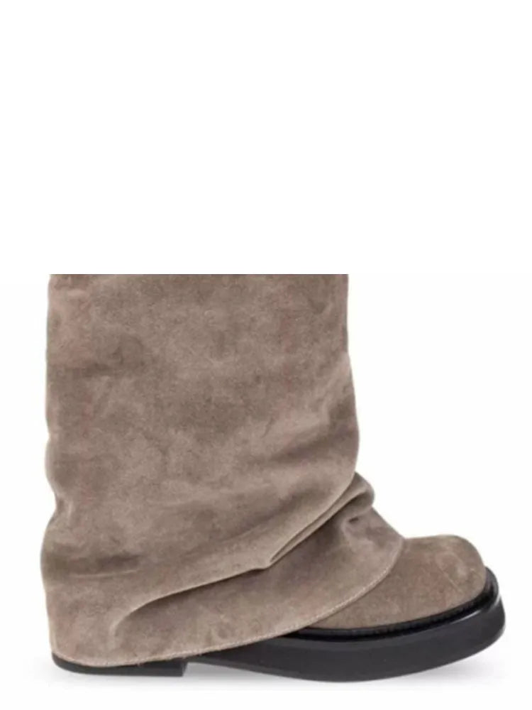 Women's New Autumn and Winter Calf Boots with Pleated Thick High Heels and Fashionable Oversized Street Leather Mid Leg Boots