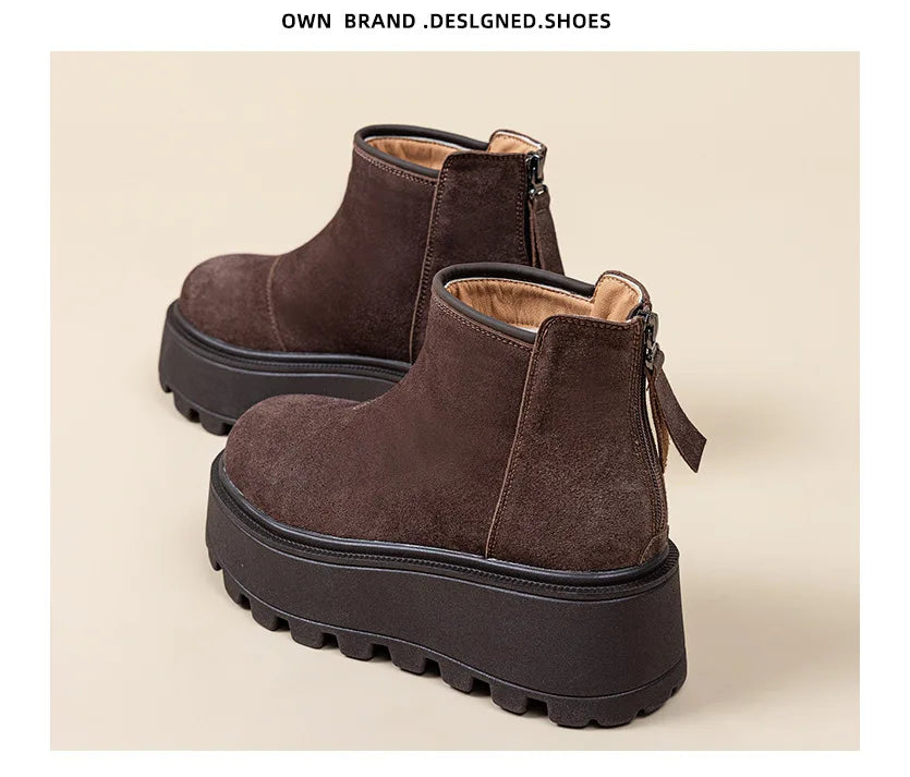 Fujin 7cm Suede Cow Genuine Leather Snow Boots Women Ankle Booties Platform Wedge Winter Plush Chelsea Boots Shoes for Women