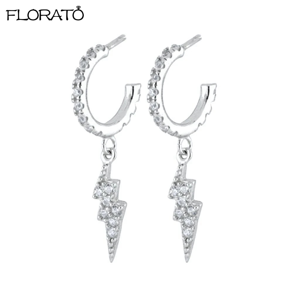 925 Sterling Silver Needle Lightning Pendant Earrings Charming Pave Crystal Gold Hoop Earrings for Women Fashion Jewelry Gifts