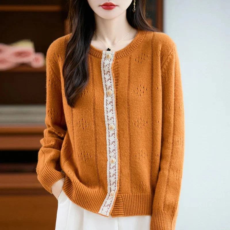 Slimming Soft Lace Splice Knitted Base Shirt French Design Sensation Knitted Open Cardigan Fashionable Anti-Aging Outerwear