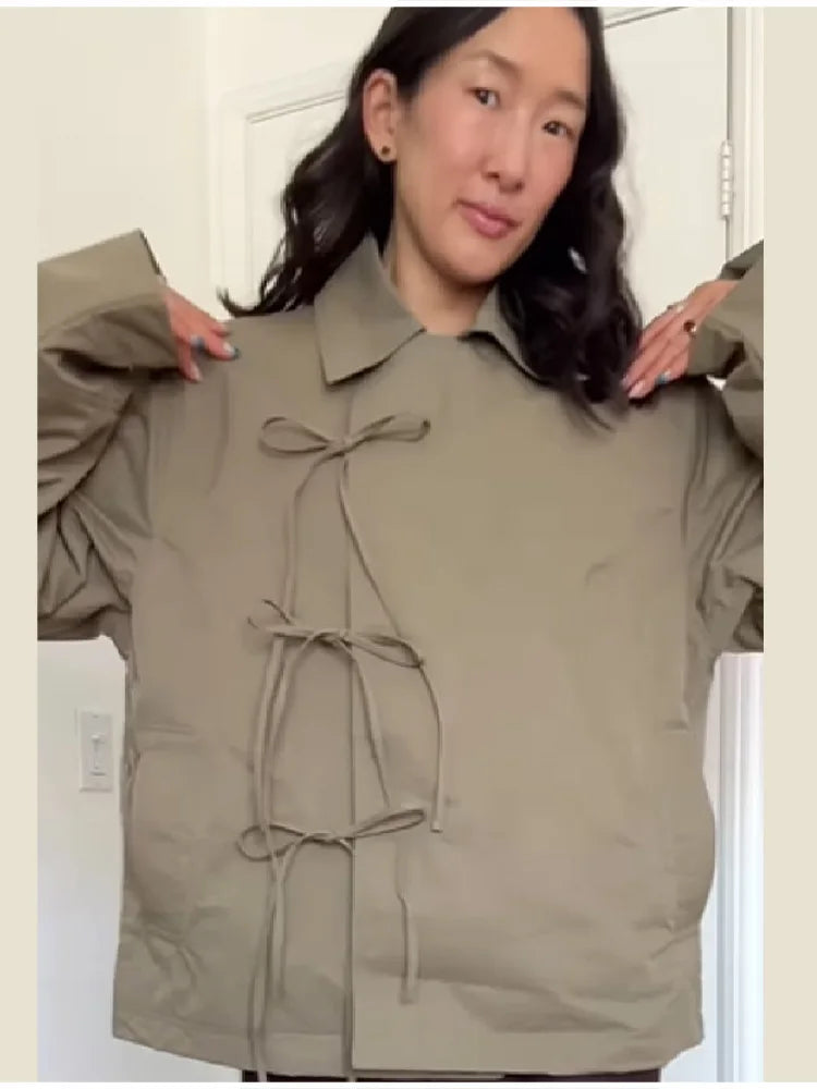 Stylish Cool Jackets Bow Tie Loose Lapel Pocket Coat Casual Vintage Women's Chic Versatile Outerwears Autumn Female Clothing
