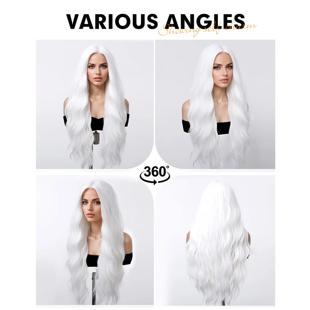 Super Long Curly Silver White Synthetic Wig Medium Part Water Wave Wigs For Women Daily Cosplay Halloween Colorfull Fake Hair