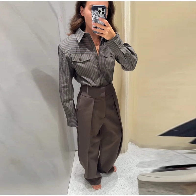 Vintage Stripe Shirt Pant Sets Women's Lapel Single-breasted Tops Front Pleated Trousers 2025 New Ladies Autumn Solid Streetwear
