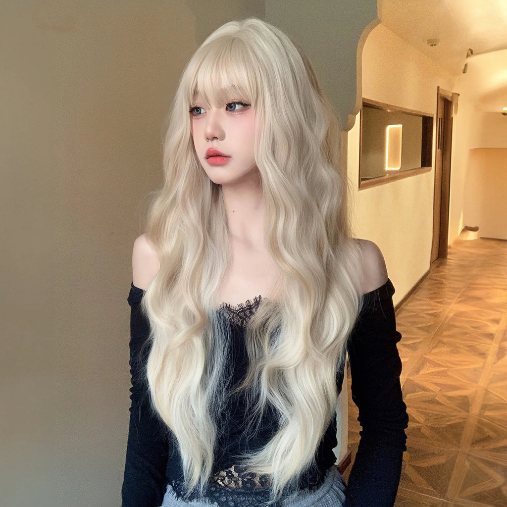 Platinum 613 Blonde Wig Long Wavy Synthetic Wig with Bangs Curly Mixed Golden for Women Cosplay Party Daily Use Heat Resistant
