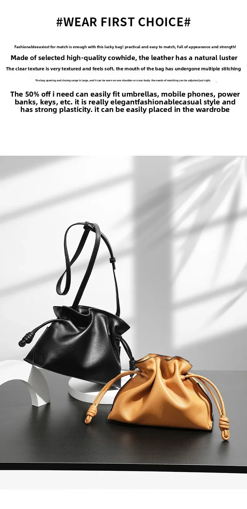 Classic Flamenco Lucky Bag, Genuine Leather Cloud Bag with Drawstring, Shoulder Bucket Bag for Women, Autumn and Winter