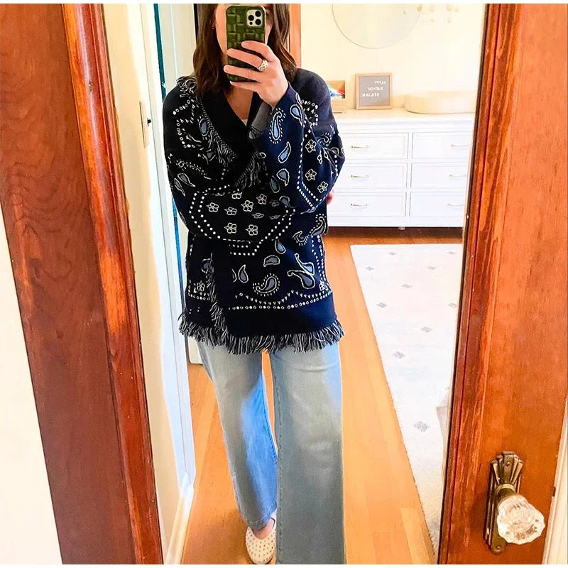Tassel Patchwork Printed Cardigan Women Fashion V-neck Long Sleeve Loose Outerwears Lady Autumn Daily Commute Street Cardigans