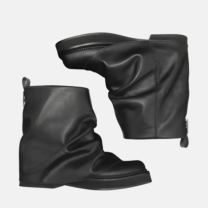 Women's New Autumn and Winter Calf Boots with Pleated Thick High Heels and Fashionable Oversized Street Leather Mid Leg Boots