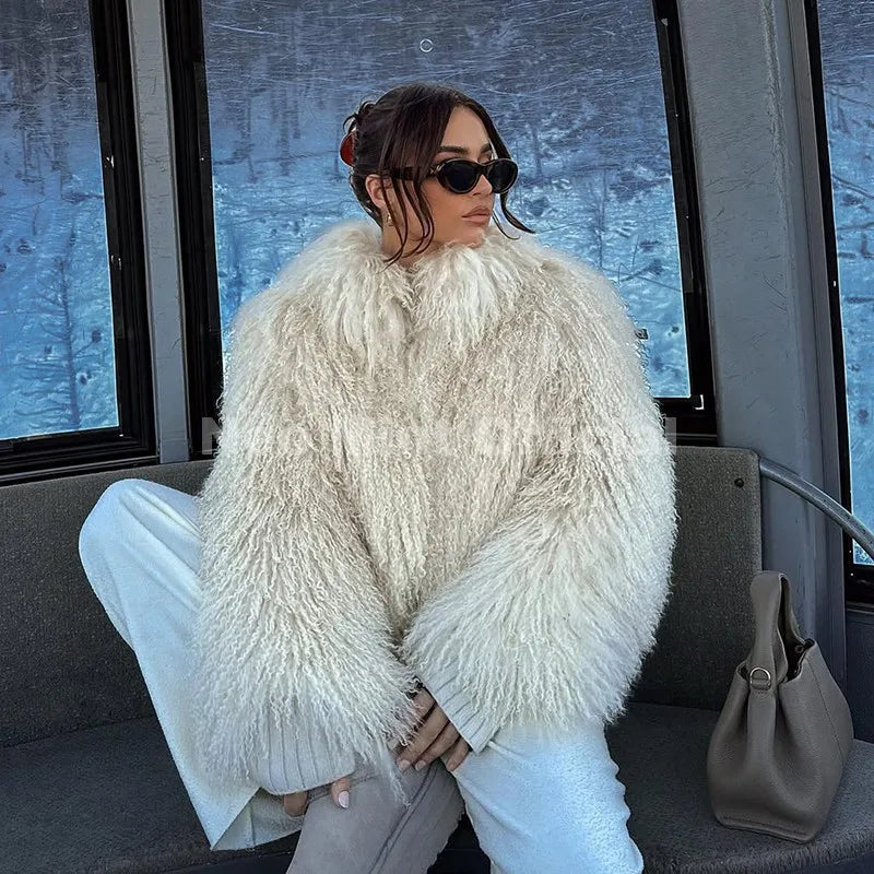 Neo Mint Iconic Blogger Fashion Faux Mongolia Sheep Fur Coat Women 2025 Winter Fluffy Warm Fur Jacket Chic Street Girl Outerwear