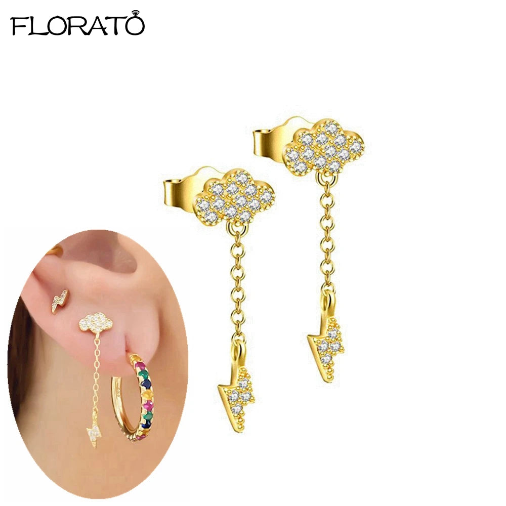 925 Sterling Silver Needle Lightning Pendant Earrings Charming Pave Crystal Gold Hoop Earrings for Women Fashion Jewelry Gifts