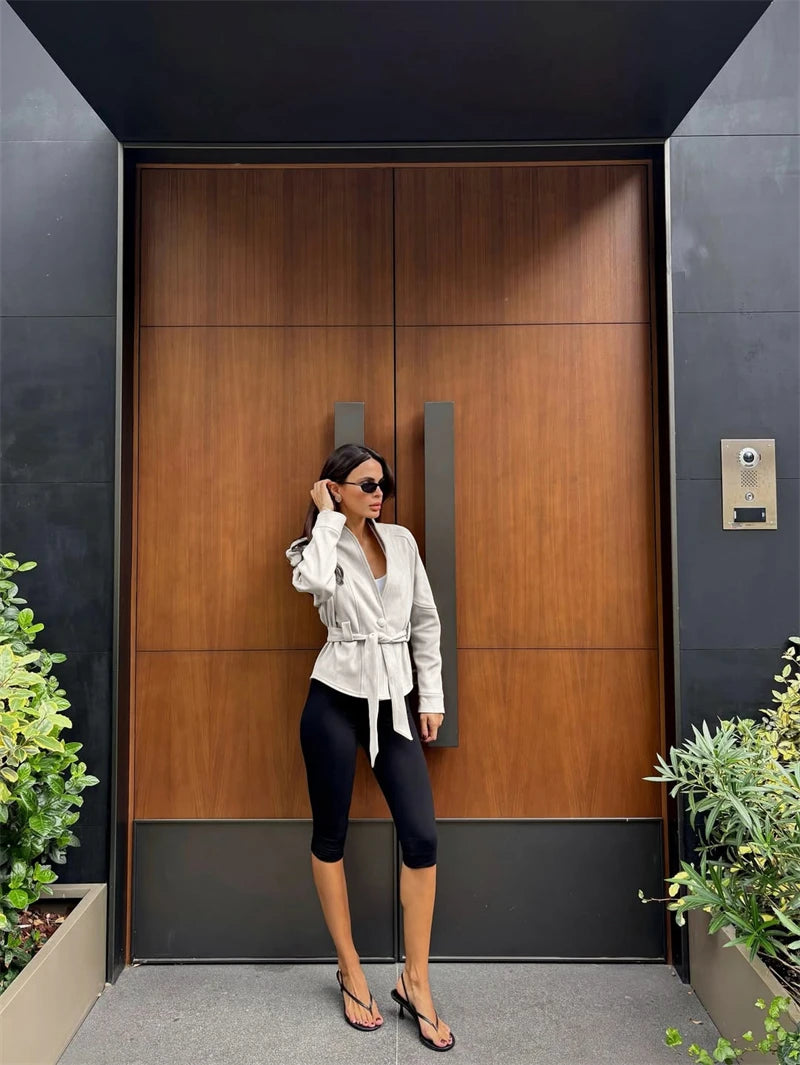 Tornova Retro Suede Long-sleeved Jacket Coat Female V neck Lace Up Jacket 2025 Autumn Winter New Commute Office Lady Outerwear