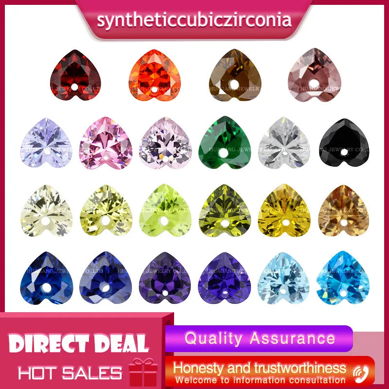 5A Single Hole Heart Shape Cubic Zirconia Stone sapphire Tanzanite aquamarine Green Loose CZ Stones Synthetic Gems Beads