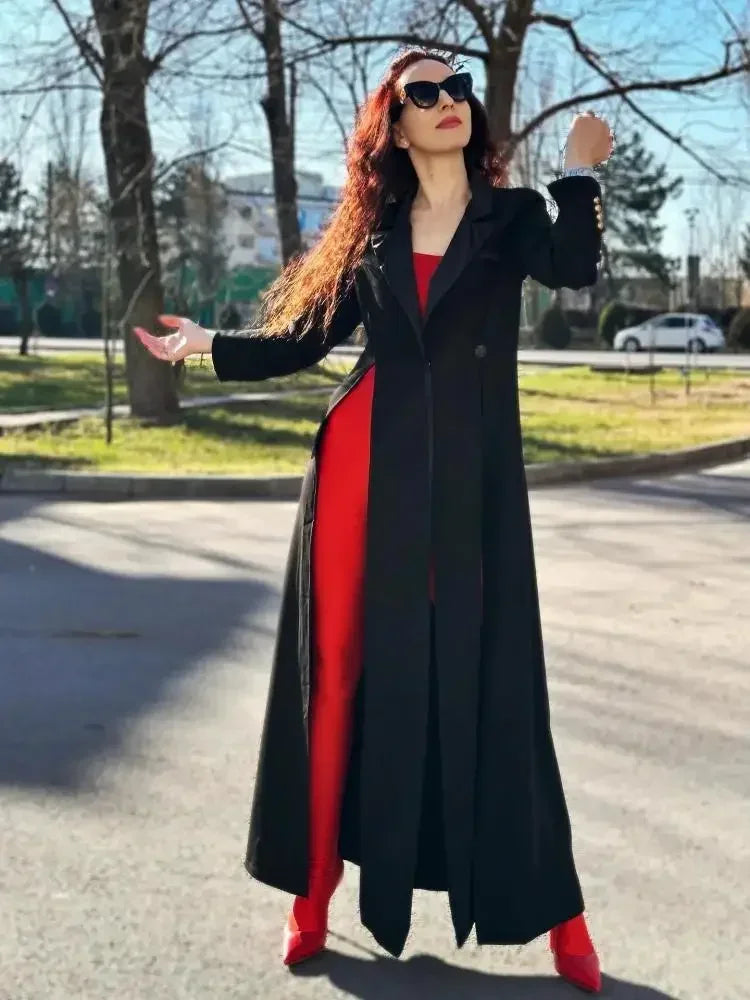 Missuoo Women's Black Extra-long Blazer Coat Lapel V-neck Long Sleeves Split-side Elegant Outerwears 2025 Fall New