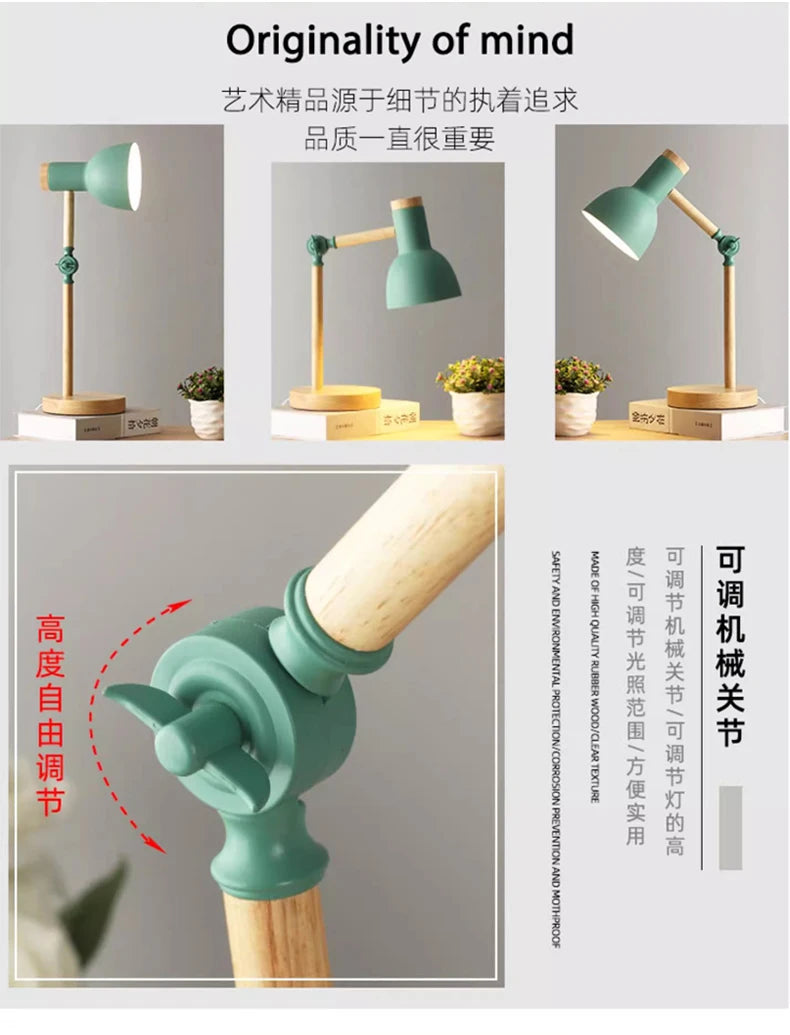 Creative Nordic Table Lamp Wooden Art LED Turn Head Simple Bedside Desk Light/Eye Protection Reading&Bedroom Study Lamp