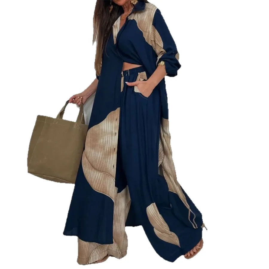 Women Pant Sets Print Long Shirts Two Piece Single Breasted T Shirt Fulls Sleeve Loose Elegant Wide Leg Pants Patchwork