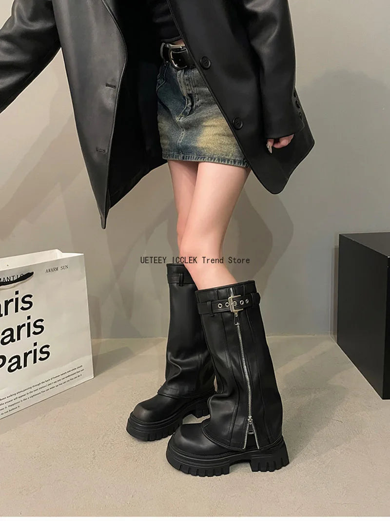 Winter Women Biker Boots Fashion Belt Buckle Ladies Elegant Platform Long Pipe Booties Casual Women's Knee High Booties
