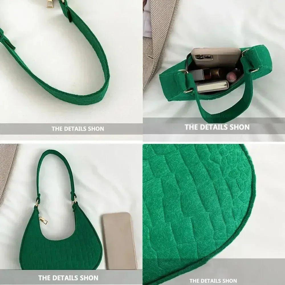 Women Bags Shoulder Retro Leisure Handbag Pure Felt Fashion Underarm Bag Crescent Saddle Bag for Ladies Advanced Armpit Bag 2025