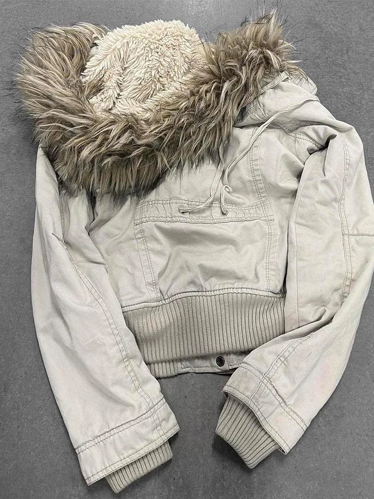 Original Vintage Design Sensation Beige Fur Collar Women's Jaet Autumn Winter High-End Feel ort Outerwear Cotton Blend