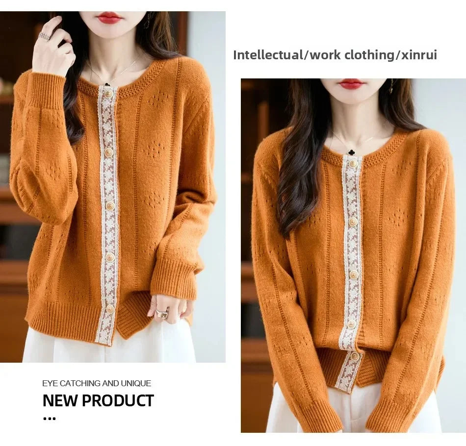 Slimming Soft Lace Splice Knitted Base Shirt French Design Sensation Knitted Open Cardigan Fashionable Anti-Aging Outerwear
