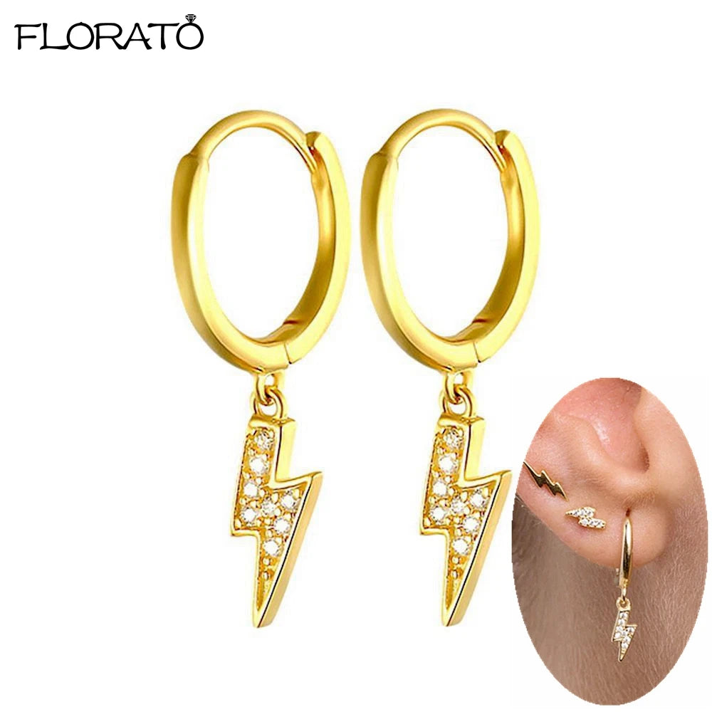 925 Sterling Silver Needle Lightning Pendant Earrings Charming Pave Crystal Gold Hoop Earrings for Women Fashion Jewelry Gifts