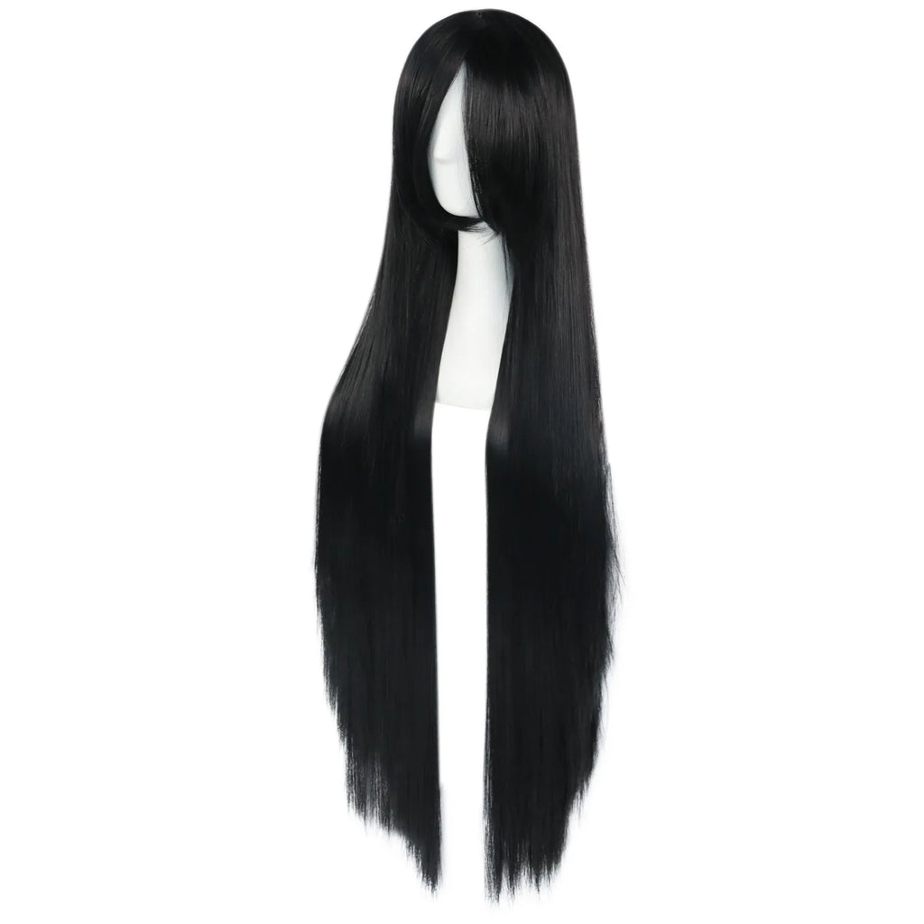 38inch Synthetic Super Long Silky Straight Black Cosplay Wig with Bangs for Halloween & 1pc Wig Cap