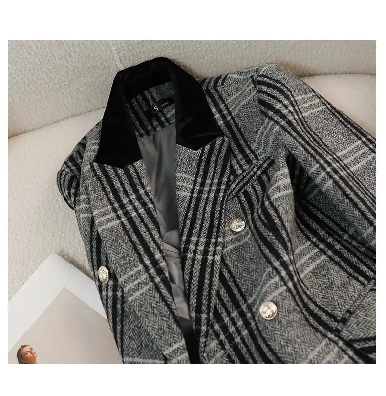 Autumn Winter New Blazer Coats Women's Woolen Jackets Long Sleeve Plaid Print Vintage Thick Outerwears Elegant Jaqueta Feminina