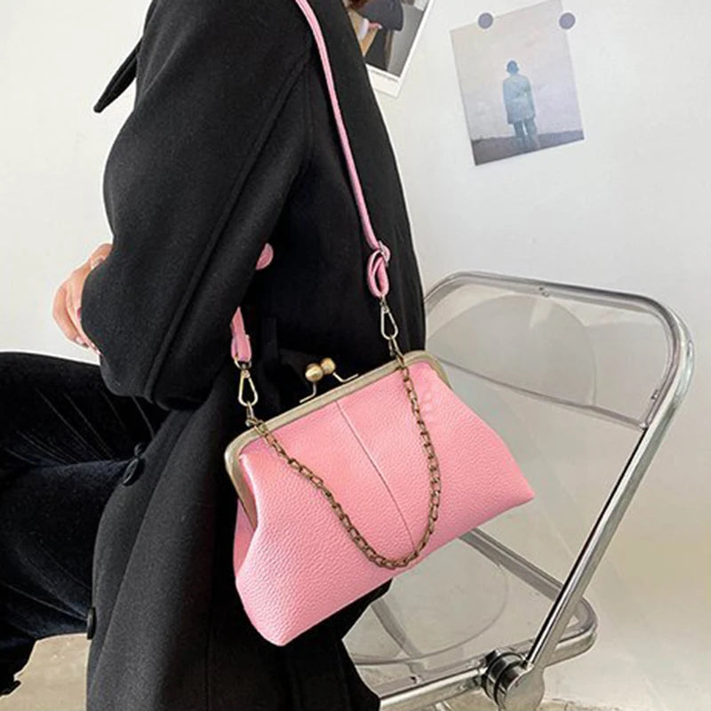 Vintage Soft Skin Shell Bag New Lychee Pattern Handbag Simple And Versatile Shoulder Bag Clip Chain Crossbody Women's Bag