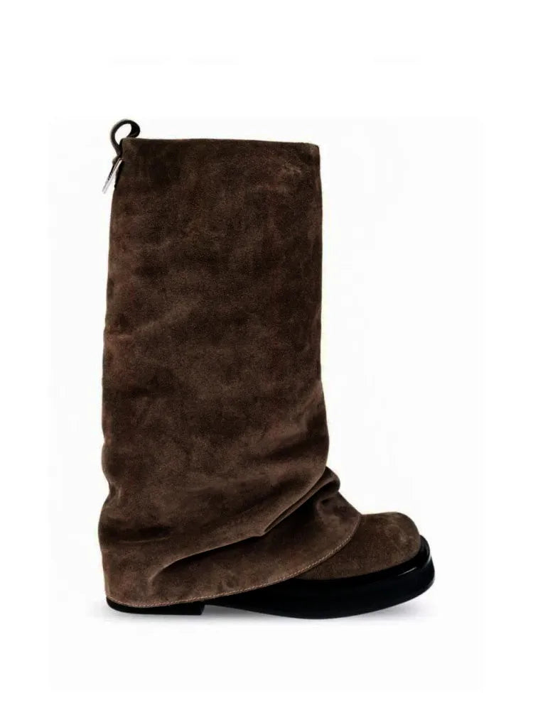 Women's New Autumn and Winter Calf Boots with Pleated Thick High Heels and Fashionable Oversized Street Leather Mid Leg Boots