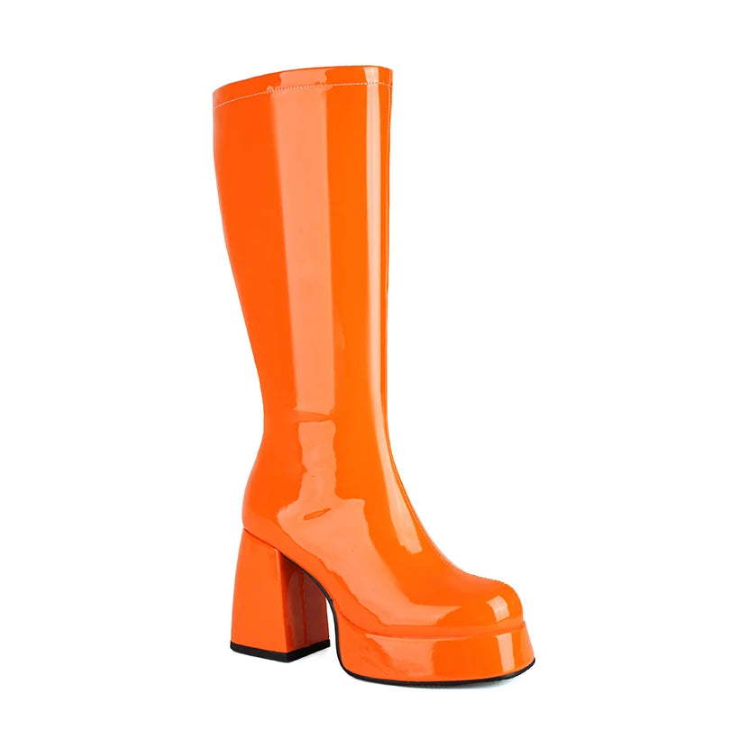 Plus Size Glossy Patent Leather Upper Square Toe Super Thick Heel Plush Lining Women's Knee Boots Platform Side Zipper Boots