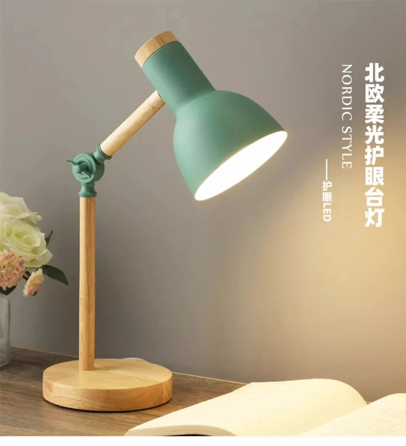 Creative Nordic Table Lamp Wooden Art LED Turn Head Simple Bedside Desk Light/Eye Protection Reading&Bedroom Study Lamp