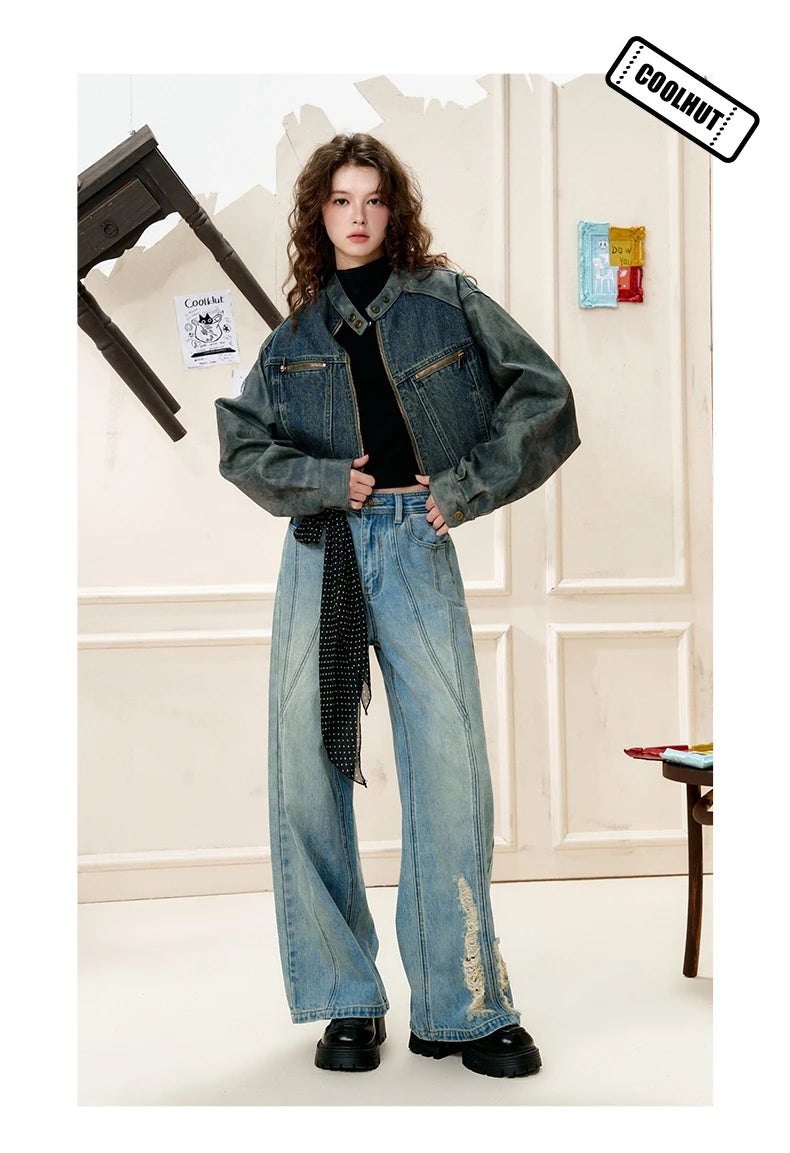 COOLHUT New Arrival Women's 2025 American Style Denim Jacket Stand Collar Color Block PU Trim Slim Fit Casual Fall Outerwear
