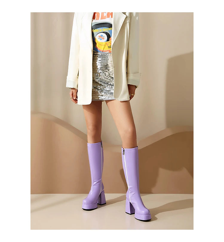 Plus Size Glossy Patent Leather Upper Square Toe Super Thick Heel Plush Lining Women's Knee Boots Platform Side Zipper Boots