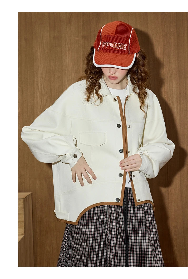 Women's Color Block Long Sleeve Coat Asymmetrical Hem Jacket Turn Down Collar Fashion Outerwear Autumn Casual Style New Arrivals