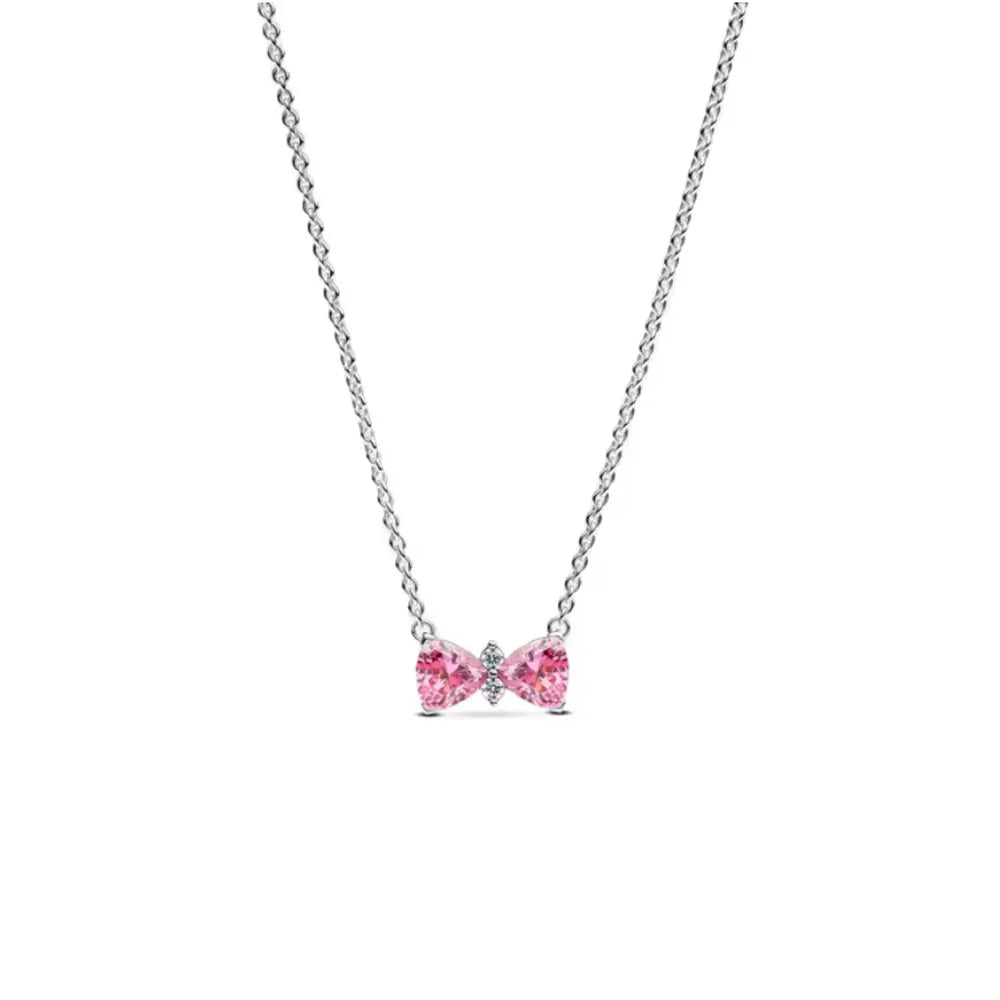 Original 925 Sterling Silver Colorful Bow Set Necklace Ring Earring Crystal For Women Valentine's Birthday Gift DIY Jewellery