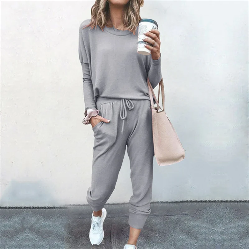 Hot Women's Long Sleeve Round Neck Top and Pants Set Simple Solid Colour Pajama Set Casual O Neck Two Piece Outfit