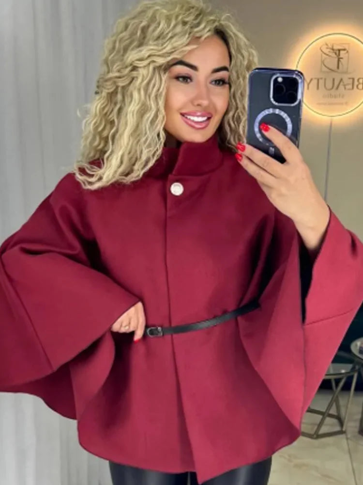 HXAO Women's Jackets Oversized Belt Tunic Jacket Autumn Winter Coat Female Red Brown Black Jacket Cropped Bat Sleeved Outerwears