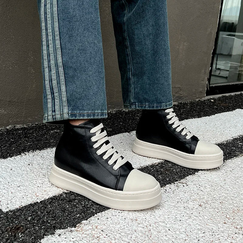 Street Style Ankle Boots for Men Genuine Leather High Top Shoes Fashion Brand Motorcycle Boots Thick Bottom  Male Walking Shoes