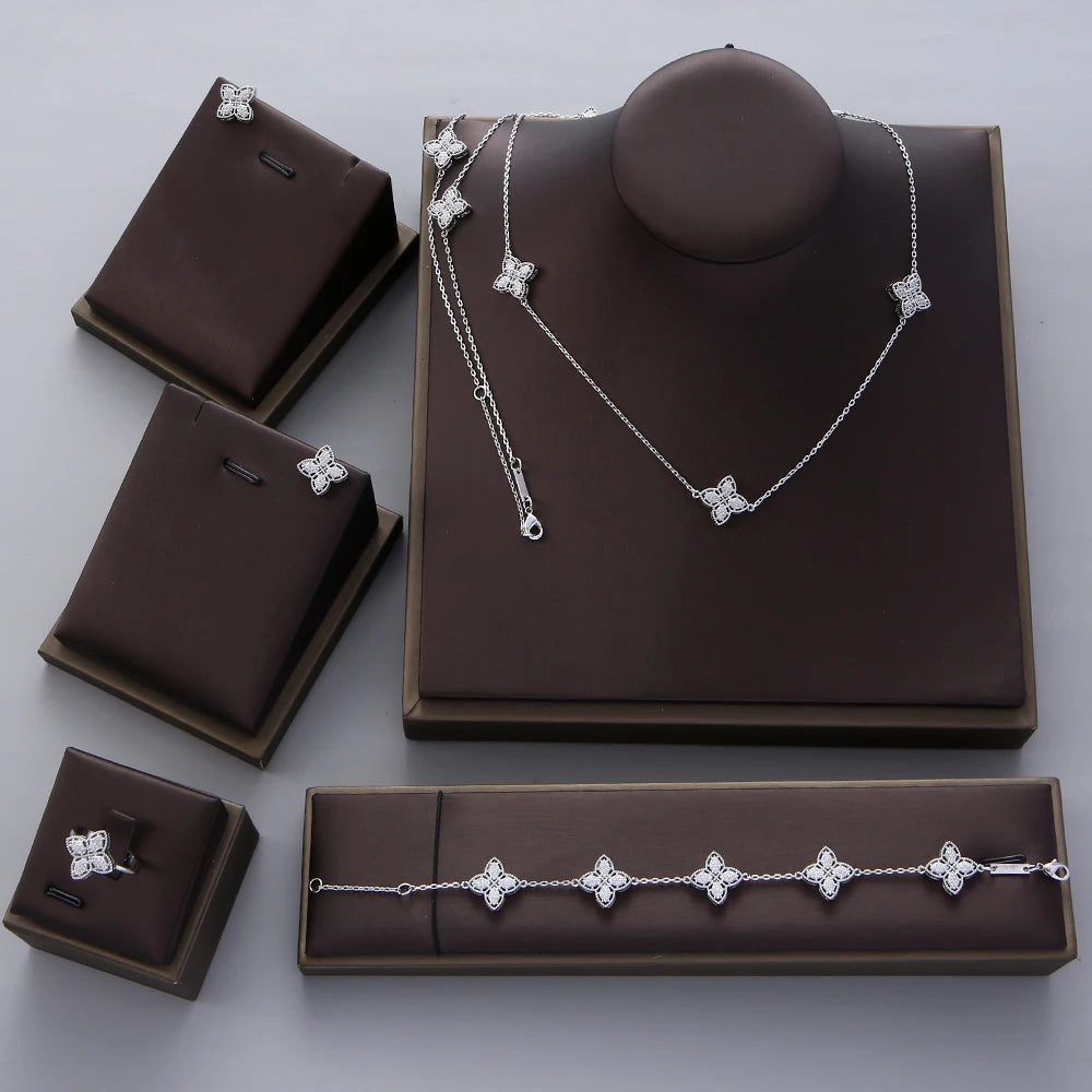 Luxury Flower Statement Necklace earring ring BraceletJewelry Set For Women Wedding Party Full Zircon Dubai Bridal jewelry N0555