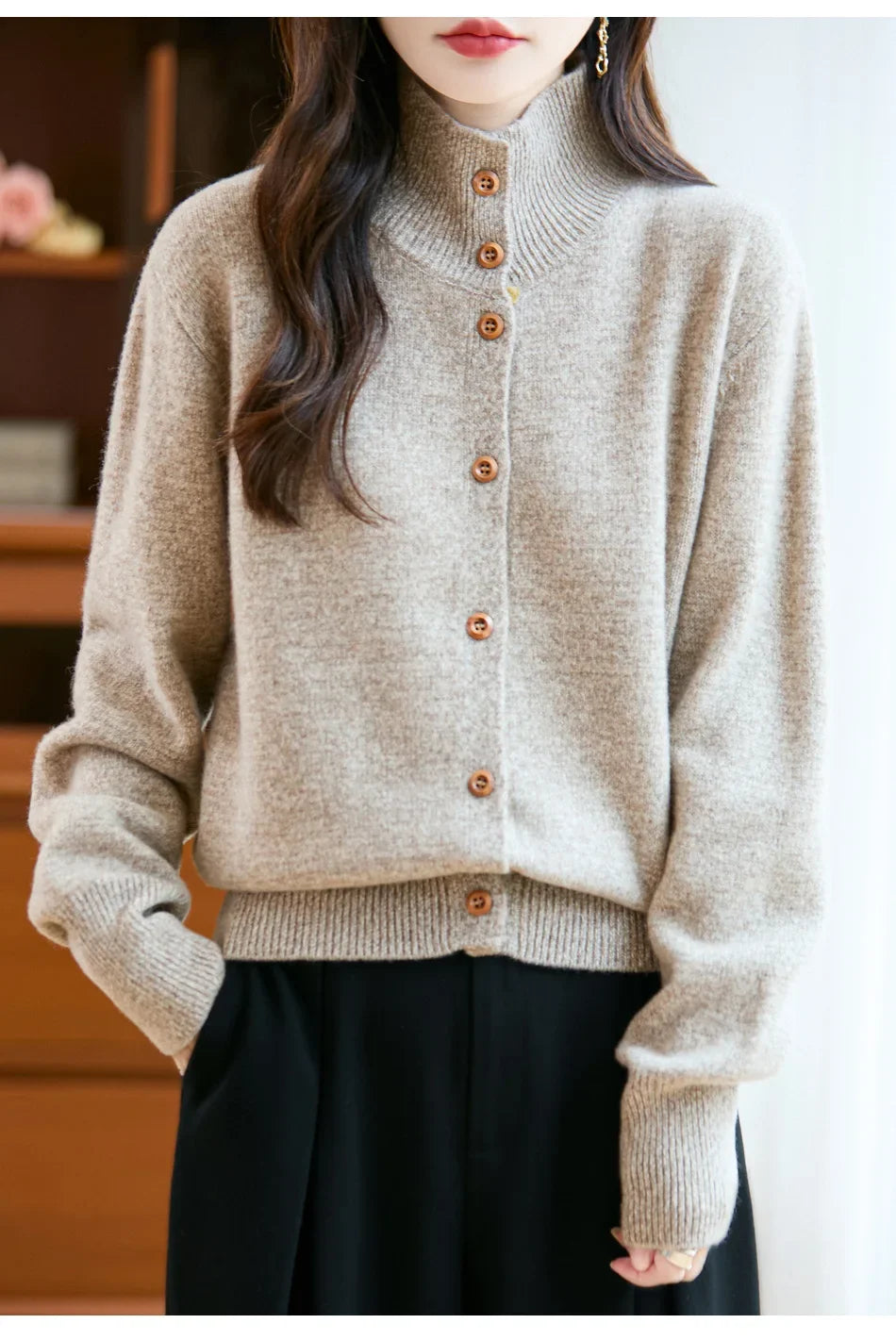 Pure Wool Thickened Knitted High Collar Sweater Coat for Women Winter Season Button up Cardigan Outerwear Floral Pattern