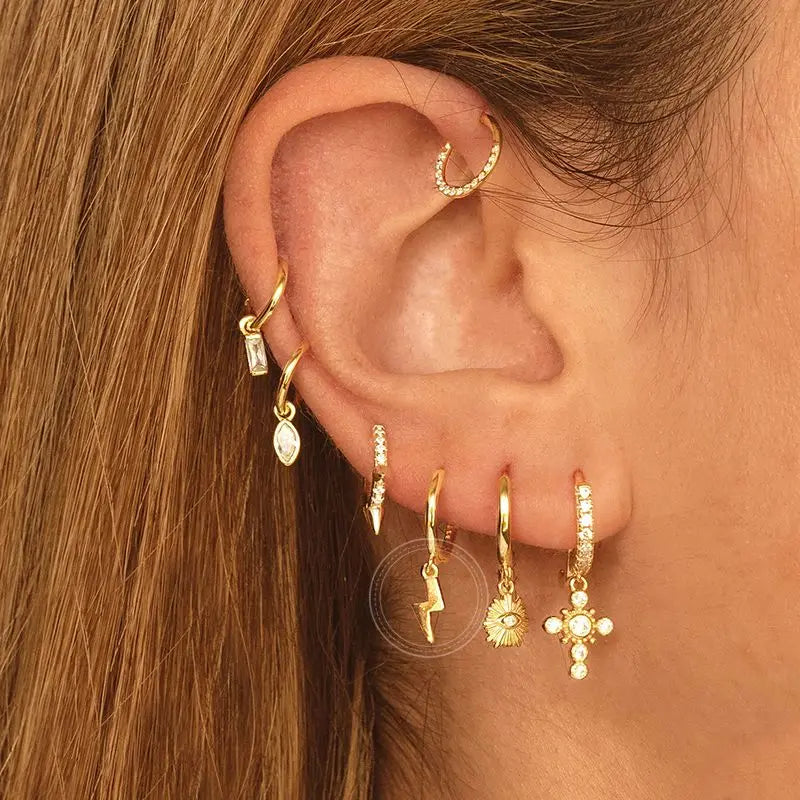 925 Sterling Silver Needle Lightning Pendant Earrings Charming Pave Crystal Gold Hoop Earrings for Women Fashion Jewelry Gifts