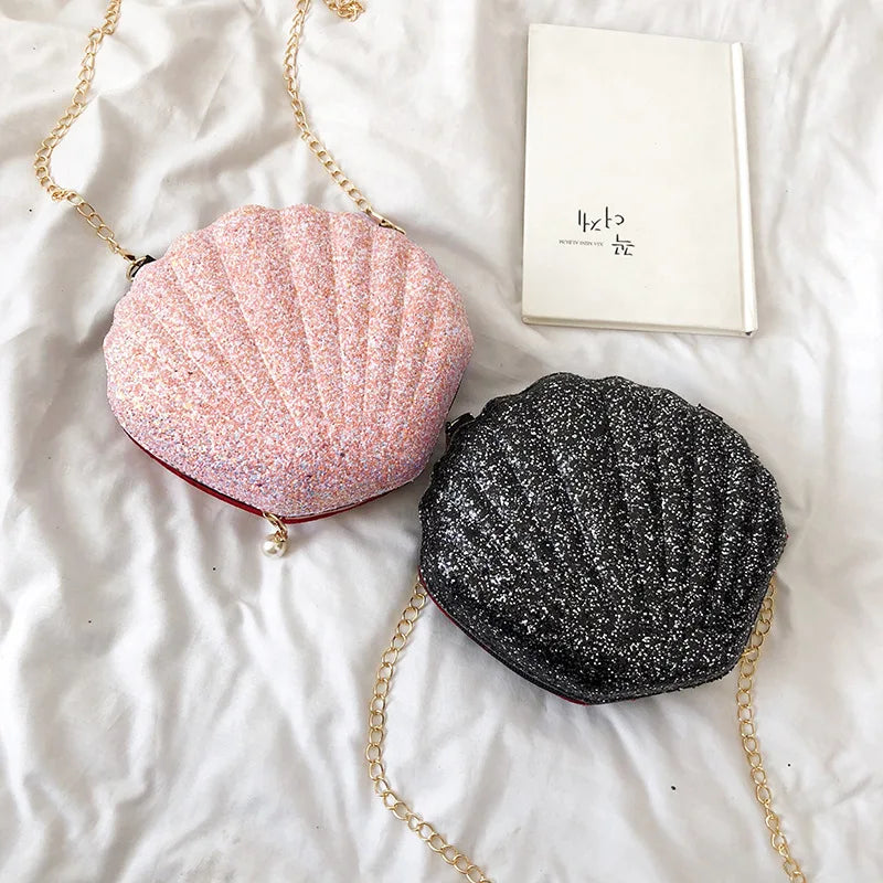 Women Shoulder Handbags Shell Bag Chain Cute Sequins Small Bag Phone Money Pouch Zipper Crossbody Bags for Women Bolsa Feminina
