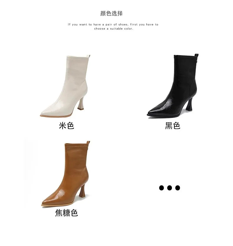 Pointed Toe High Heels Elegant Women Boots Chunky Leather Shoes 2025 Winter Fashion Pumps Chelsea Boots Dress Sexy Mujer Botas