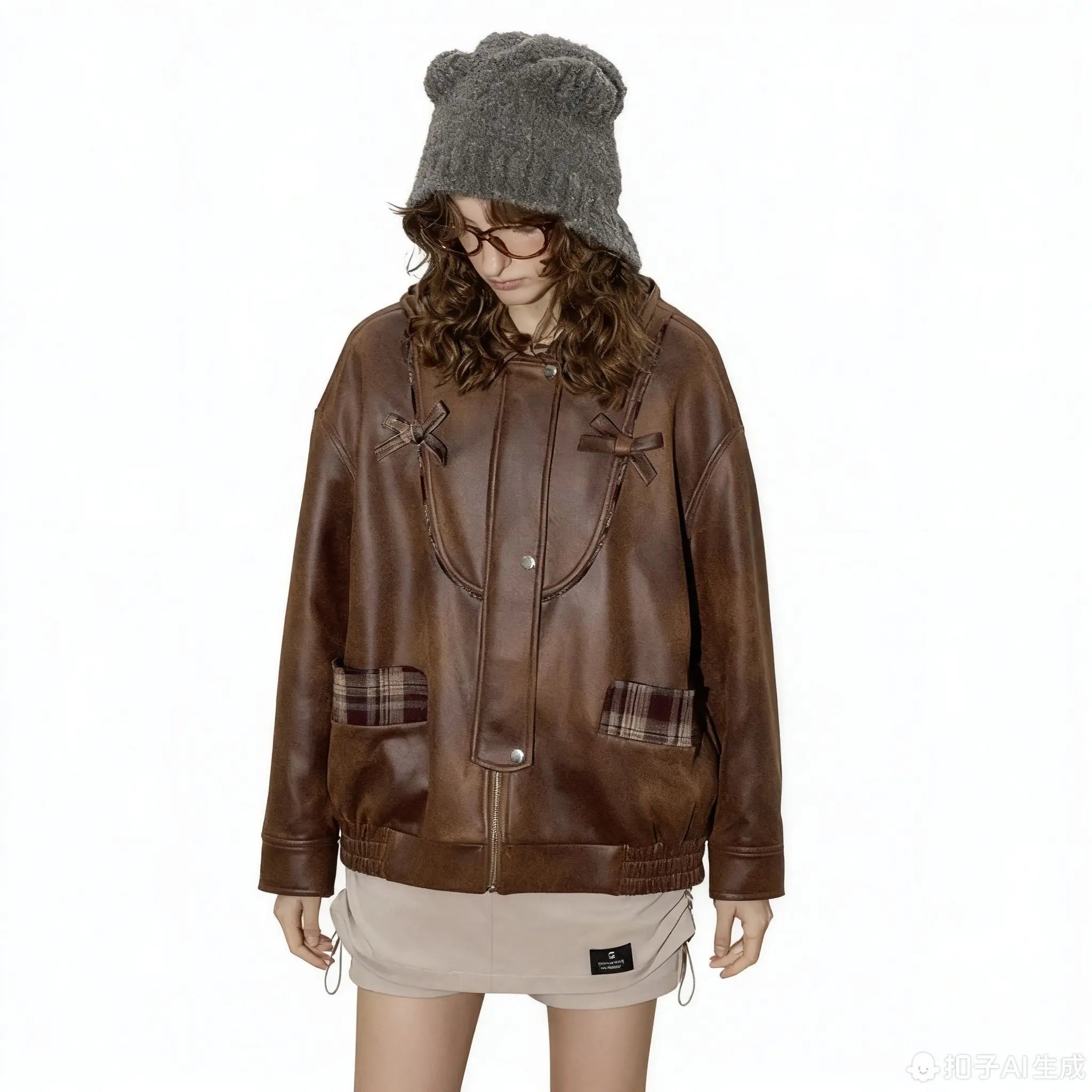 New Arrivals Women's Short Leather Jacket Vintage Y2K Style Loose Fit Plaid Patchwork Design Retro Oversized Autumn Outerwear