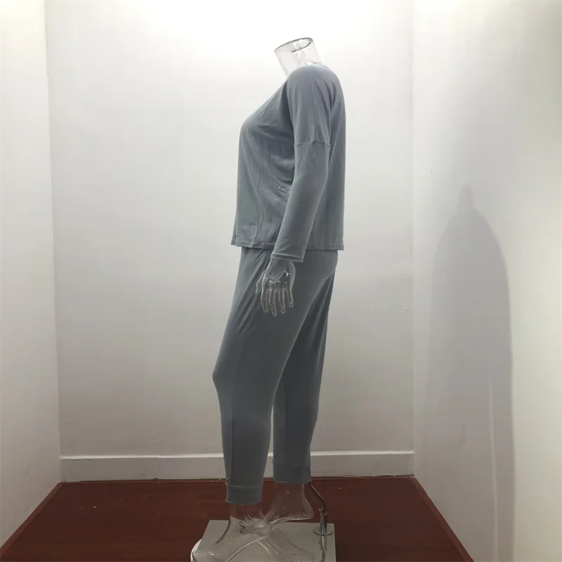 Hot Women's Long Sleeve Round Neck Top and Pants Set Simple Solid Colour Pajama Set Casual O Neck Two Piece Outfit