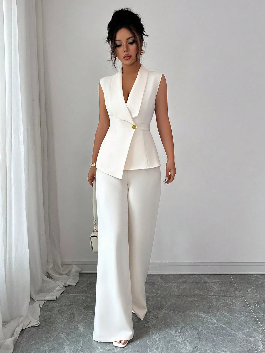 European and American Elegance Solid Color Vest and Straight Leg Pants Set for Women