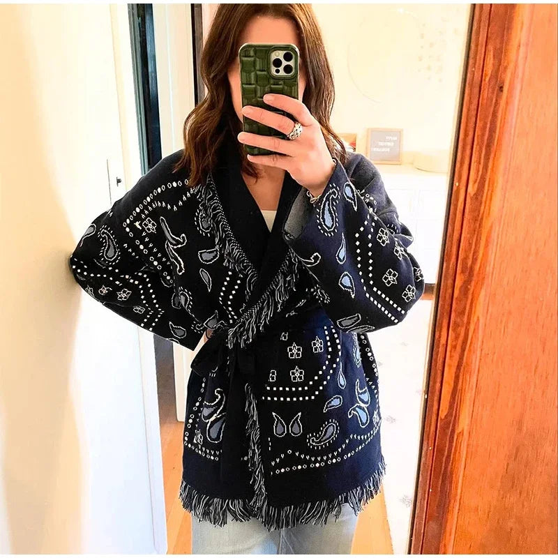 Tassel Patchwork Printed Cardigan Women Fashion V-neck Long Sleeve Loose Outerwears Lady Autumn Daily Commute Street Cardigans