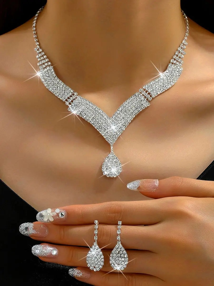 3pcs fashionable rhinestones, water droplets, necklaces, earrings, jewelry sets, women's wedding accessories