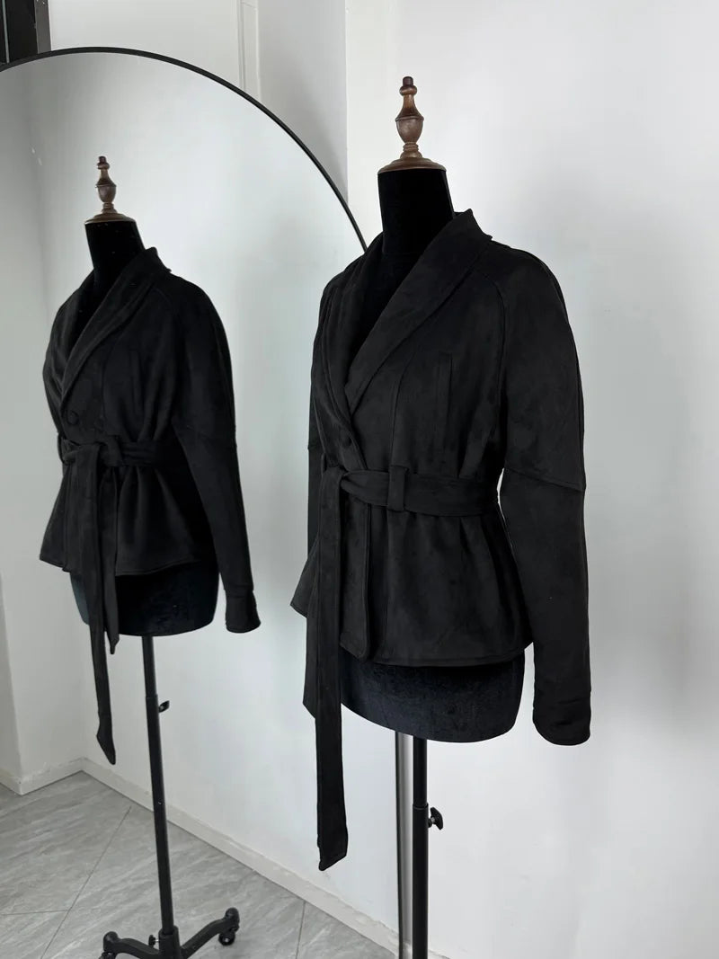 Tornova Retro Suede Long-sleeved Jacket Coat Female V neck Lace Up Jacket 2025 Autumn Winter New Commute Office Lady Outerwear