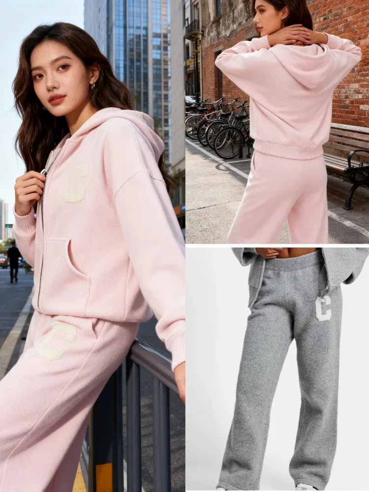 Knitted Women's Pant Sets Hooded Long Sleeve Dropped Shoulder Zipper Female Jacket Solid Elastic Waist Straight Pants For Ladies
