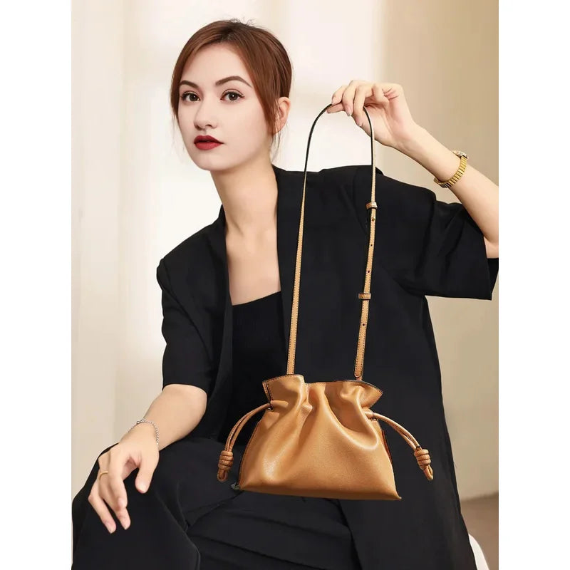 Classic Flamenco Lucky Bag, Genuine Leather Cloud Bag with Drawstring, Shoulder Bucket Bag for Women, Autumn and Winter